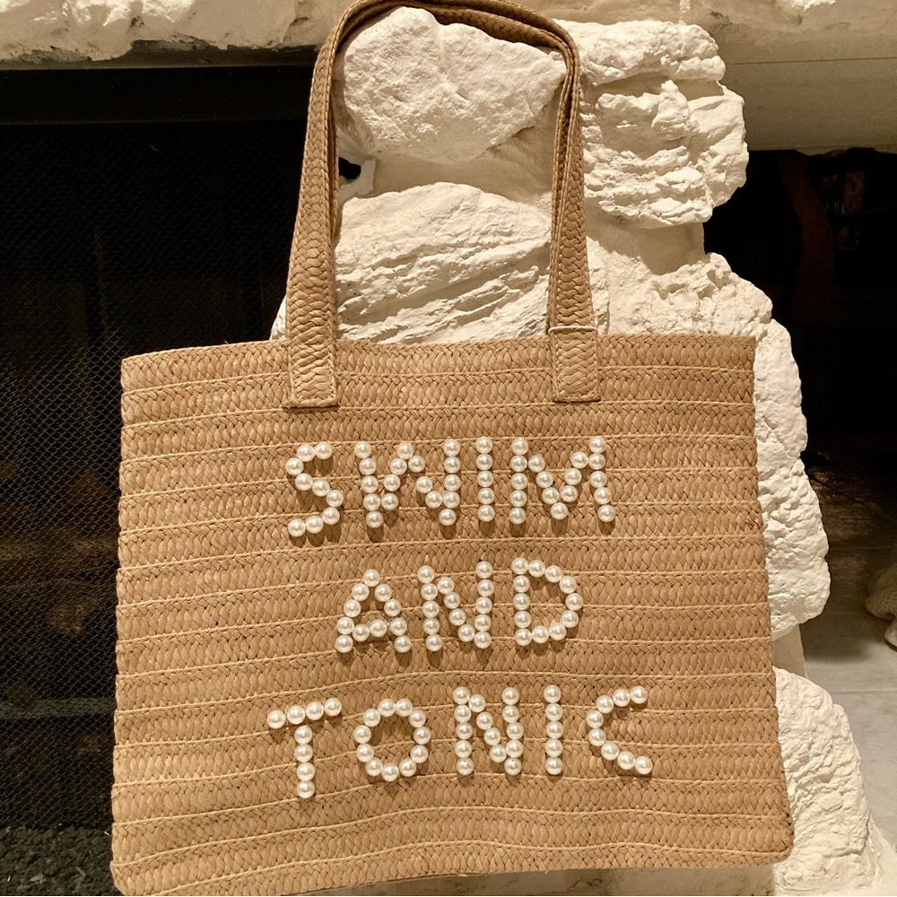 NWT Urban Expression Seaton Pearl Natural Straw Tote, Playful “Swim and Tonic” - Picture 13 of 13